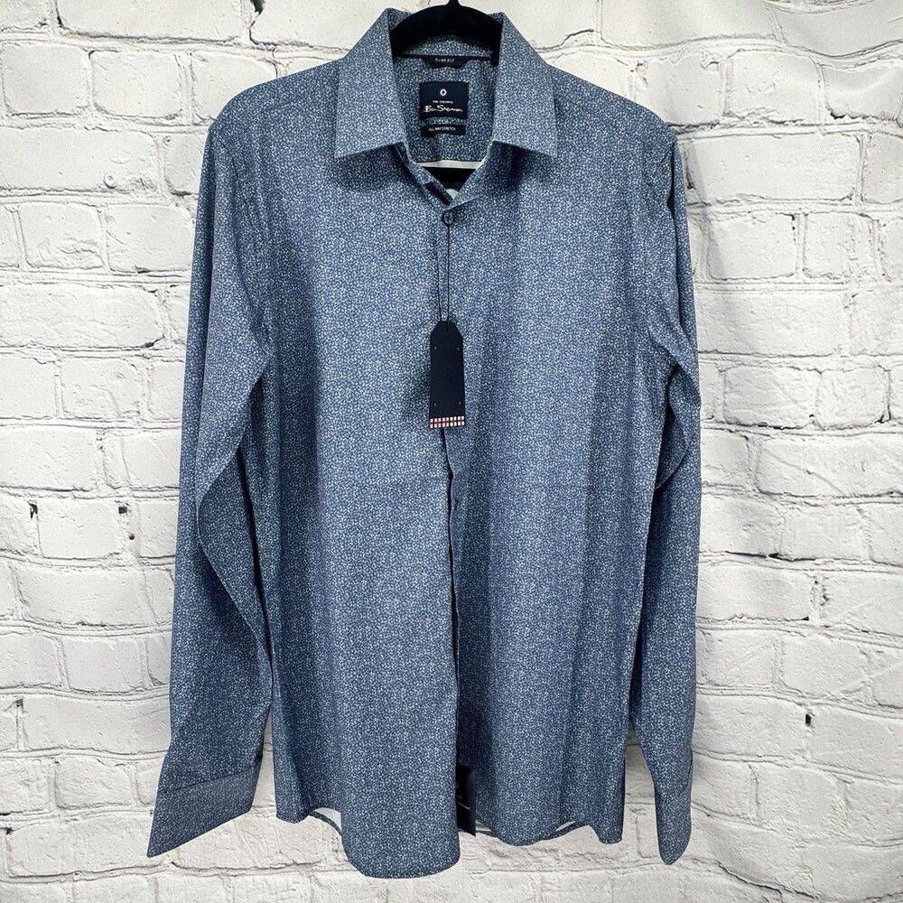 NWT Ben Sherman Shirt Men's M Blue Long Sleeve Slim Stretch Wicking Travel